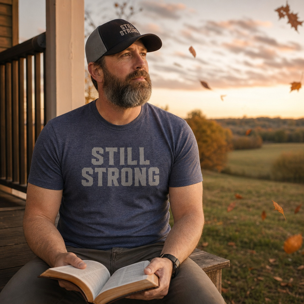 Heather blue Still Strong stacked-logo tee, worn