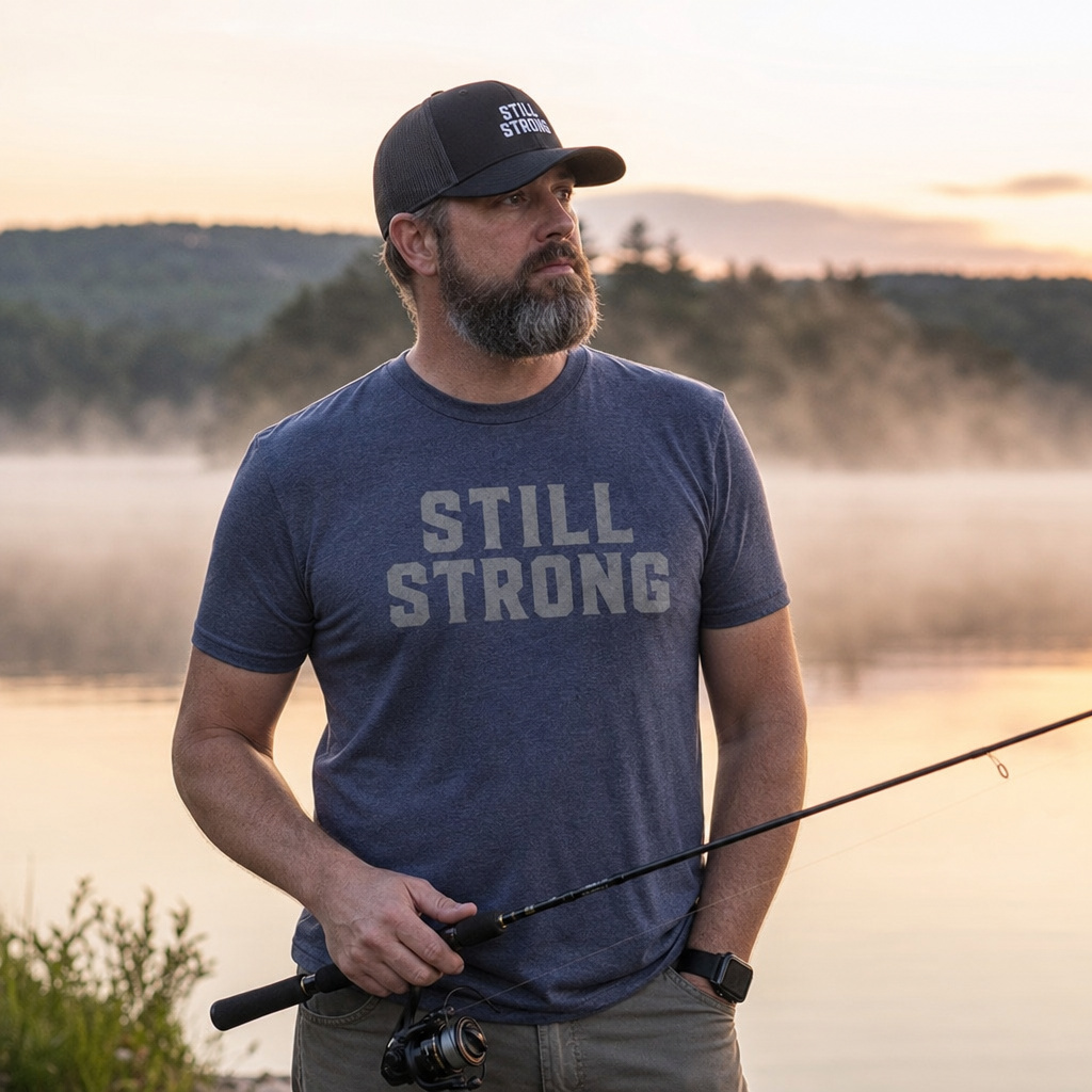Stacked Logo Tee — Heather Blue worn by a strong, weathered man in a real-life setting